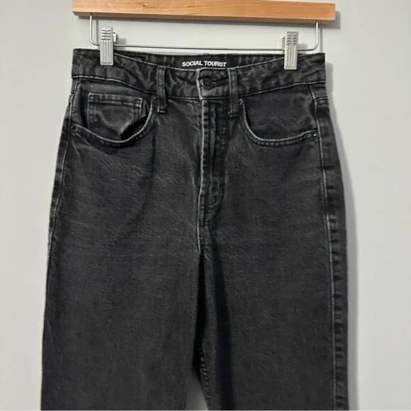 Social Tourist Black Zip Hem Straight Jeans W26 Y2K Grunge Streetwear - Picture 4 of 11